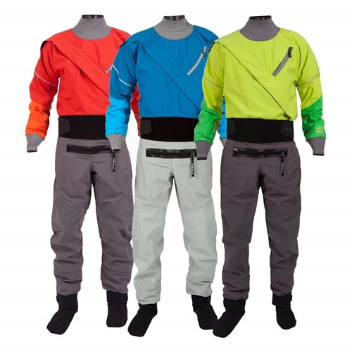 kokatat gore-tex drysuits for kayaking in blue, red and yellow